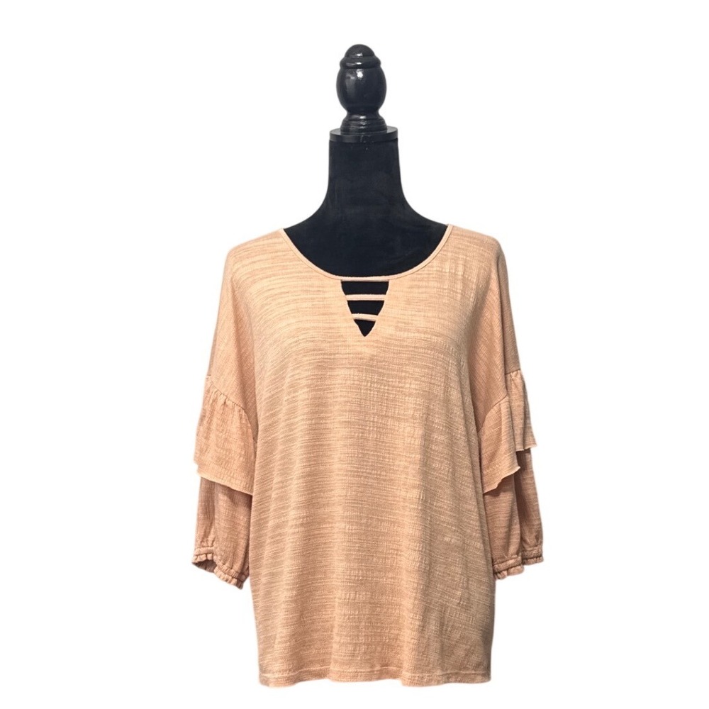 Democracy Blouse Womens XL Peach Excellent Ruffle Sleeve Cage Neck Slub Knit Top